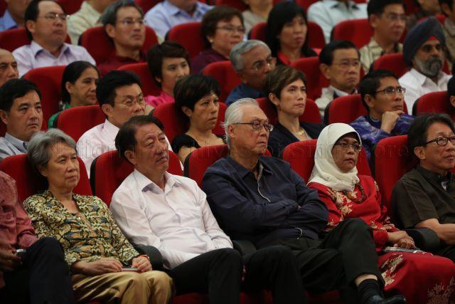 (Front row, from left) Madam Ho Ching, Deputy Prime Minister and Coordinating Minister for National Security and Minister for Home Affairs Teo Chee Hean, Emeritus Senior Minister Goh Chok Tong, Speaker of Parliament Madam Halimah Yacob and Minister (Prime Minister's Office) Lim Swee Say at National Day Rally held at the auditorium, Institute of Technical Education (ITE) headquarters and College Central in Ang Mo Kio