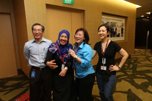 Ms Chang Li Lin (second from right), Press Secretary to the Prime Minister, posing for photographs with officials during National Day Rally at Institute of Technical Education (ITE) headquarters and College Central in Ang Mo Kio