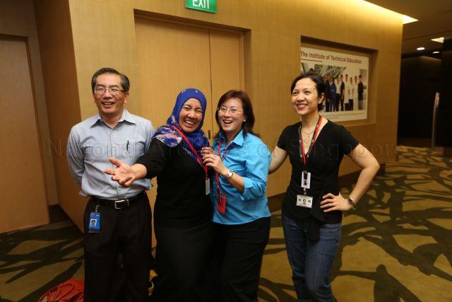 Ms Chang Li Lin (second from right), Press Secretary to the Prime Minister, posing for photographs with officials during National Day Rally at Institute of Technical Education (ITE) headquarters and College Central in Ang Mo Kio