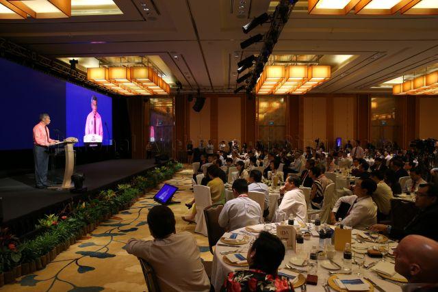 Prime Minister Lee Hsien Loong addressing guests at launch of Smart Nation vision in conjunction with National Infocomm Awards held at Jasmine Ballroom, Sands Expo and Convention Centre in Marina Bay Sands