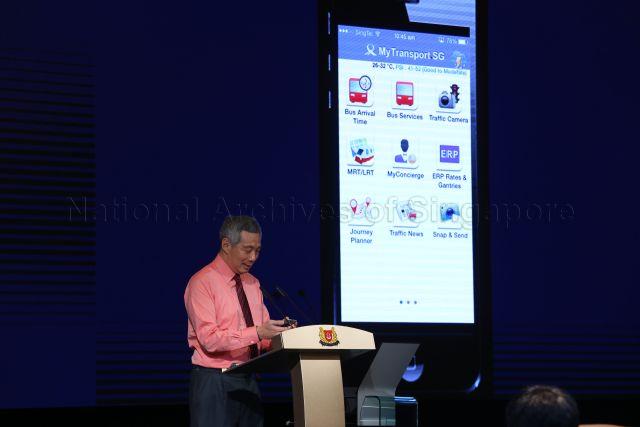 Prime Minister Lee Hsien Loong speaking on MyTransport.SG, an application developed by Land Transport Authority (LTA) to help commuters to get from point A to point B and how to do it, at launch of Smart Nation vision in conjunction with National Infocomm Awards held at Jasmine Ballroom, Sands Expo and Convention Centre in Marina Bay Sands