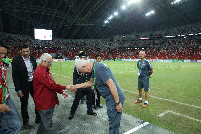Taken at: ASEAN Football Federation (AFF) Suzuki Cup soccer match (Singapore vs Myanmar) at the National Stadium Sports Hub Pictured: President Tony Tan, and General Secretary of Football Association of Singapore (FAS) Winston Lee