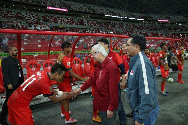 Taken at: ASEAN Football Federation (AFF) Suzuki Cup soccer match (Singapore vs Myanmar) at the National Stadium Sports Hub Pictured: President Tony Tan and President of Football Association of Singapore (FAS) Zainudin Nordin