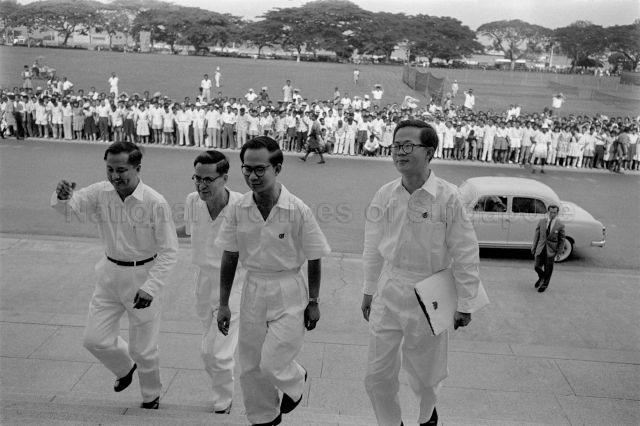 People's Action Party (PAP) members arriving at City Hall for swearing-in ceremony of the Legislative Assembly. They include (from right) Ong Eng Guan, Toh Chin Chye and Yong Nyuk Lin, to be sworn in as Minister for National Development, Deputy Prime Minister and Minister for Education respectively.