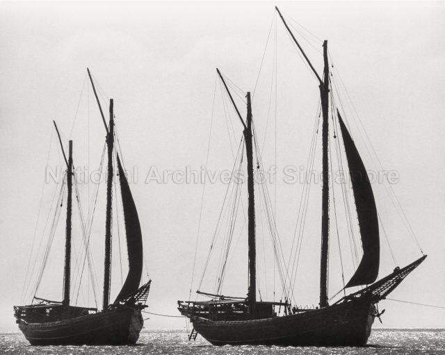 Out at sea, two Bugis pinisi (phinisi) being towed make a dramatic outline against the sky. The schooner was built at Bulukumba in South Sulawesi and used by Makassar sailors in the Malay Archipelago. They are not Bugis perahu pinis, and not built at Bulukumba. Few perahu pinis were built at Bulukumba.