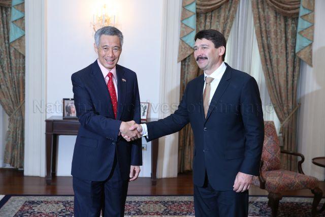 Taken at: Call on Hungarian President Janos Ader by Prime Minister Lee Hsien Loong<br />Pictured: Prime Minister Lee Hsien Loong and Hungarian President Janos Ader