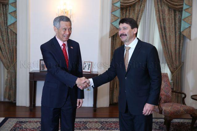 Taken at: Call on Hungarian President Janos Ader by Prime Minister Lee Hsien Loong<br />Pictured: Prime Minister Lee Hsien Loong and Hungarian President Janos Ader