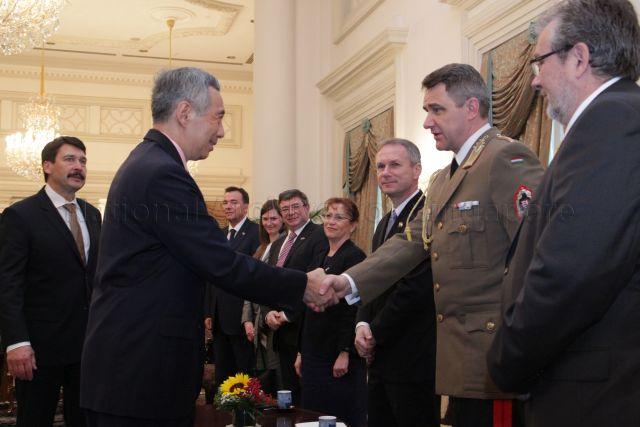 Taken at: Call on Hungarian President Janos Ader by Prime Minister Lee Hsien Loong<br />Pictured: Prime Minister Lee Hsien Loong and Hungarian President Janos Ader