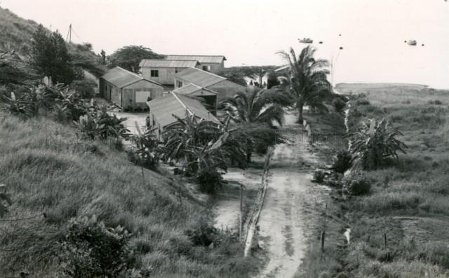 An elevated view of a cluster of buildings among coconut trees taken during an exercise at Pulau Belakang Mati (Sentosa)