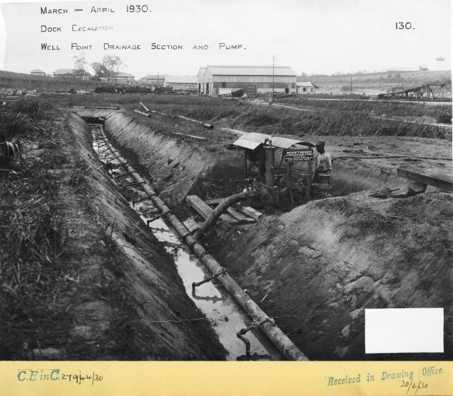 Singapore Naval Base - Dock excavation: well point drainage section and pump