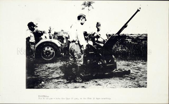 Japanese anti-aircraft defences at Palembang. New 20mm gun - note the Type 98 gun, on the Flak 30 type mounting.