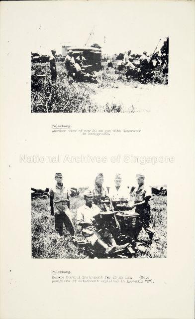 Japanese anti-aircraft defences at Palembang. Top photograph shows another view of 20 mm gun with generator in the background. Photograph below shows remote control instrument. 
