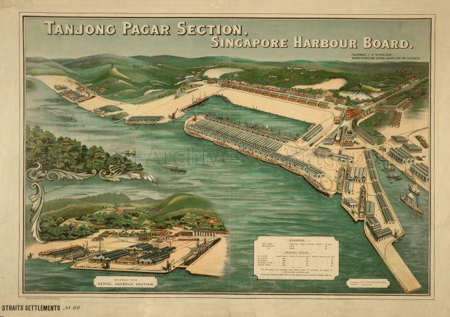 Tanjong Pagar Section, Singapore Harbour Board. Poster drawing, overhead view, with `Enlarged view Keppel Harbour Section'. Lithographed. Reference table to capacity of wharfage and graving docks. Messrs Coode, Son & Matthews, consulting engineers, and J R Nicholson, Board Chairman. Printed by Robert J Cook & Hammond, Tothill Street, Westminster.