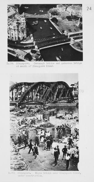 Two photographs of Singapore: Cavanagh Bridge and Anderson Bridge; the Elgin Bridge over Singapore River under construction