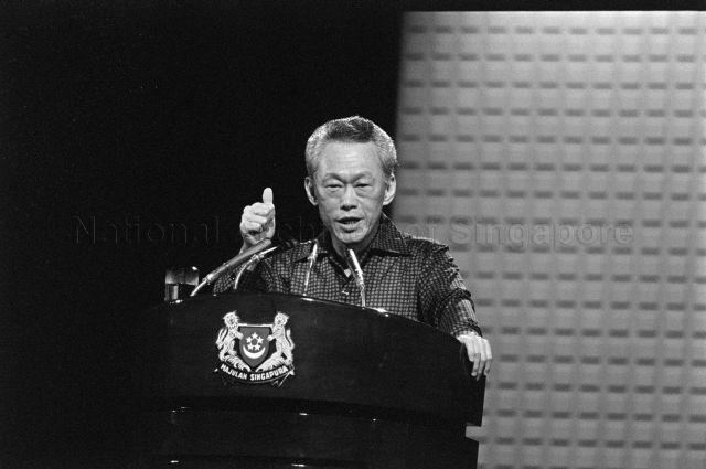 Prime Minister Lee Kuan Yew delivering his speech during National Day Rally and cultural show held at National Theatre
