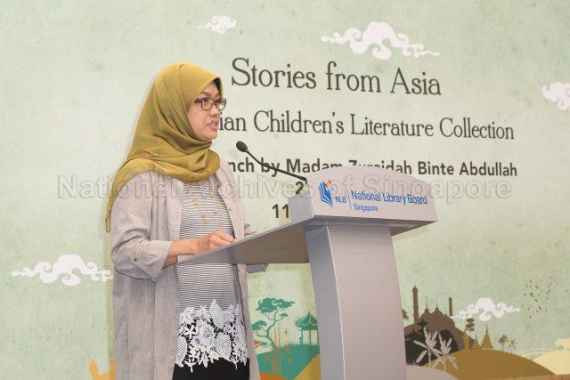 Board Member of National Library Board (NLB) Madam Zuraidah Abdullah giving opening remarks at launch of â€œStories From Asia: The Asian Children's Literature Collectionâ€ at National Library Building in Victoria Street