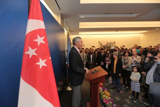 Taken at: Reception with Singaporeans held at the Permanent Mission of Singapore to the United Nations at 318 East 48th Street, New York during Prime Minister Lee Hsien Loong’s working visit to the USA and Nuclear Security Summit (NSS) in Washington D.C. Pictured: Prime Minister Lee Hsien Loong, his wife Mdm Ho Ching, Singapore Ambassador to the United States of America Ashok Kumar Mirpuri and his wife Gouri Mirpuri