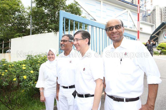 Taken at: Bukit Batok single-member constituency (SMC) by-election between People's Action Party (PAP) and Singapore Democratic Party (SDP) on Nomination Day at Keming Primary School Pictured: Deputy Prime Minister and Coordinating Minister for Economics and Social Policies Tharman Shanmugaratnam, Member of Parliament (MP) for Jurong GRC Rahayu Mahzam, MP for Jurong GRC Ang Wei Neng and PAP's candidate Murali Pillai
