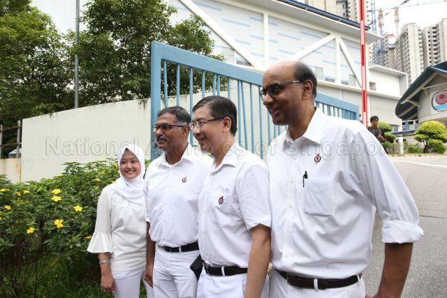 Taken at: Bukit Batok single-member constituency (SMC) by-election between People's Action Party (PAP) and Singapore Democratic Party (SDP) on Nomination Day at Keming Primary School Pictured: Deputy Prime Minister and Coordinating Minister for Economics and Social Policies Tharman Shanmugaratnam, Member of Parliament (MP) for Jurong GRC Rahayu Mahzam, MP for Jurong GRC Ang Wei Neng and PAP's candidate Murali Pillai