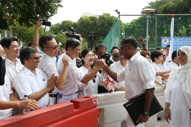Taken at: Bukit Batok single-member constituency (SMC) by-election between People's Action Party (PAP) and Singapore Democratic Party (SDP) on Nomination Day at Keming Primary School Pictured: Minister for Culture, Community and Youth Grace Fu, Parliamentary Secretary for Ministry of Trade and Industry, and Education Low Yen Ling (partially hidden), Senior Minister of State for Ministry of Home Affairs and National Development Desmond Lee (partially hidden) and PAP's candidate Murali Pillai