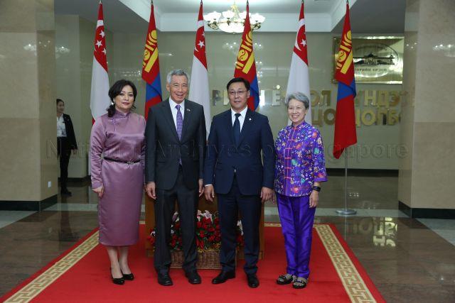 Taken at: Meeting in State Palace of Mongolia with Mongolian Prime Minister Jargaltulga Erdenebat during Prime Minister Lee Hsien Loong's official visit from 13 to 14 July 2016, and thereafter attends the 11th Asia-Europe Meeting (ASEM) Summit from 15 to 16 July 2016 Pictured: Prime Minister Lee Hsien Loong and his wife Mdm Ho Ching, and Mongolian Prime Minister Jargaltulga Erdenebat