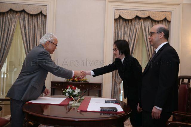 Taken at: Swearing-in Ceremony of Judges and Judicial Commissioners of the Supreme Court Pictured: President Tony Tan Keng Yam, Judicial Commissioner Pang Khang Chau, and Judicial Commissioner Lim Audrey Lim Yoon Cheng