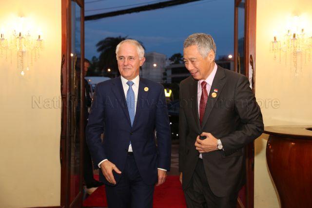 Taken at: Bilateral meeting with Prime Minister of Australia Malcolm Turnbull at Mercure Hotel in Vientiane during Prime Minister Lee Hsien Loong's trip to the Lao People's Democratic Republic in attendance of the 28th and 29th Association of Southeast Asian Nations (ASEAN) Summits and related Summits (6 to 8 September 2016) Pictured: Prime Minister Lee Hsien Loong and Prime Minister of Australia Malcolm Turnbull