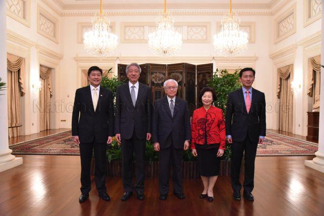 Taken at: The swearing-in ceremony of Ng Chee Meng as Minister for Education (Schools) and Ong Ye Kung as Minister for Education (Higher Learning) at the Istana Pictured: President Tony Tan Keng Yam, his wife Mrs Mary Tan, Deputy Prime Minister Teo Chee Hean, Minister for Education (Schools) and Second Minister for Transport Ng Chee Meng and Minister for Education (Higher Learning) and Second Minister for Defence Ong Ye Kung