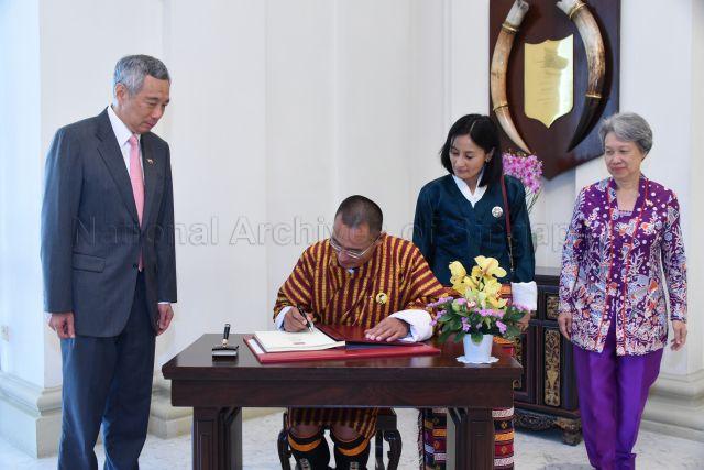 Taken at: Welcome ceremony for Bhutanese Prime Minister Tshering Tobgay at the Istana Pictured: Prime Minister Lee Hsien Loong, his wife Madam Ho Ching, Bhutanese Prime Minister Tshering Tobgay and his wife Ms Tashi Dolma