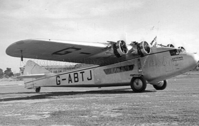 Imperial Airways Artemis, an Armstrong Whitworth AW.15 Atalanta class, departing Seletar for the last time. The aircraft brought the Governor General to Kallang Airport on its opening day.