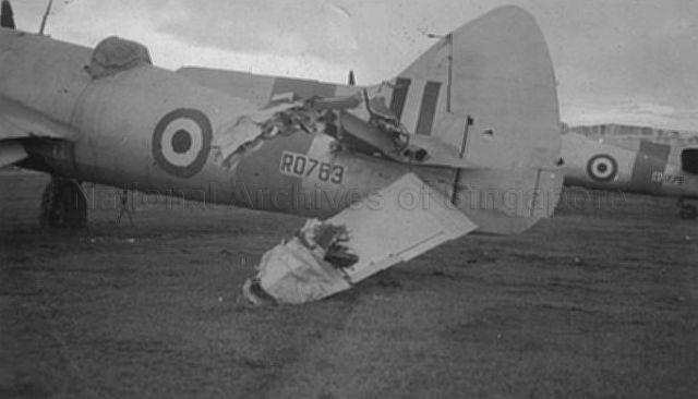 A wrecked Beaufighter RO763 of the Target Towing Flight after being attacked by the propeller of an aircraft flown by a trainee pilot