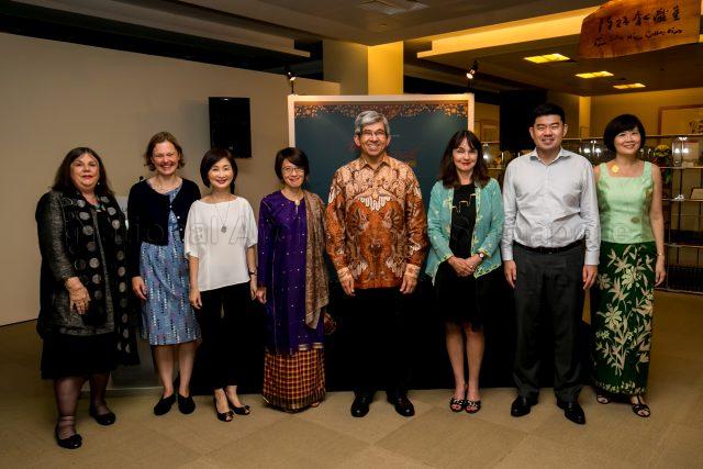 (From right) Director of Royal Asiatic Society Dr Alison Ohta, Researcher Ms Liesbeth Ouwehand of Leiden University, Chief Executive Officer of National Library Board (NLB) Mrs Elaine Ng, NLB Deputy Director, Content & Services (SingSEA & Exhibitions) Ms Tan Huism, Minister for Communications and Information Associate Professor Dr Yaacob Ibrahim, Lead Curator of Southeast Asian material at British Library Datuk Dr Annabel Teh Gallop, Permanent Secretary to Ministry of Communications and Information Gabriel Lim and Director of National Library Mrs Wai Yin Pryke in a group photograph during official opening of exhibition on 'Tales of the Malay World: Manuscripts and Early Books' at National Library Building in Victoria Street