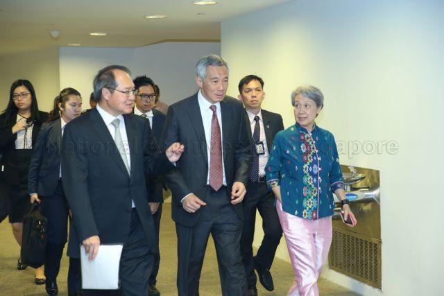 Taken at: Attorney-General's Chambers of Singapore (AGC) 150th anniversary dinner at Flower Field Hall at Gardens by the Bay Pictured: Guest-of-Honour Prime Minister Lee Hsien Loong, his wife Madam Ho Ching and Attorney-General Lucien Wong