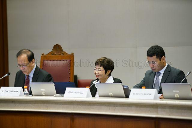 Taken at: Public hearing by the Select Committee for Deliberate Online Falsehoods Pictured: Minister for Social and Family Development & Second Minister for National Development Desmond Lee, Nominated Member of Parliament of Singapore Chia Yong Yong and Deputy Speaker of Parliament and Member of Parliament representing Punggol East Single Member Constituency (Punggol East SMC) Charles Chong
