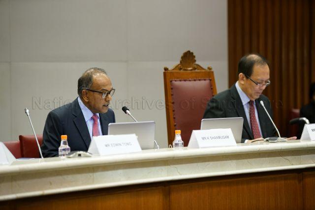 Taken at: Public hearing by the Select Committee for Deliberate Online Falsehoods Pictured: Minister for Home Affairs and Minister for Law K Shanmugam and Deputy Speaker of Parliament and Member of Parliament representing Punggol East Single Member Constituency (Punggol East SMC) Charles Chong