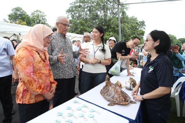 Taken at: President Halimah Yacob and her husband Mohammed Abdullah Alhabshee meet visitors at Open House (Labour Day) at Istana Pictured: President Halimah Yacob and her husband Mohammed Abdullah Alhabshee