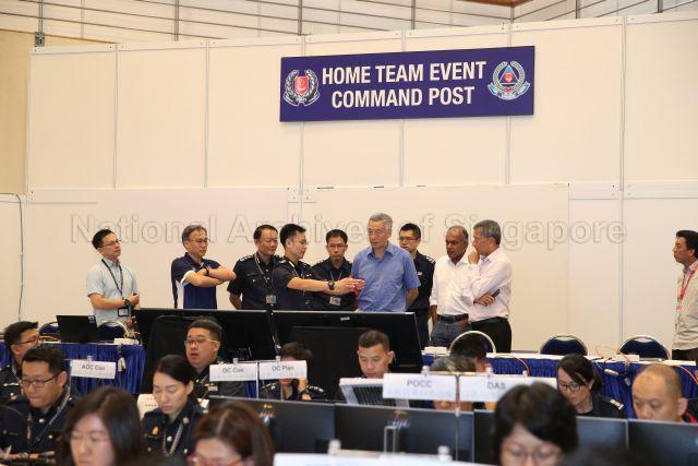 Taken at: Visit to Home Team command post at 28 Irrawaddy Road, behind the scenes at the historic Democratic People's Republic of Korea (DPRK) - United States of America (USA) Singapore Summit &nbsp;Pictured: Prime Minister Lee Hsien Loong, Minister for Home Affairs and Law K Shanmugam, Minister for Foreign Affairs Dr Vivian Balakrishnan, Singapore Police Force Commissioner of Police Hoong Wee Teck, Singapore Police Force Senior Assistant Commissioner How Kwang Hwee, Singapore Civil Defence Force Commissioner Eric Yap and Singapore Civil Defence Force Director of Operations Daniel Seet