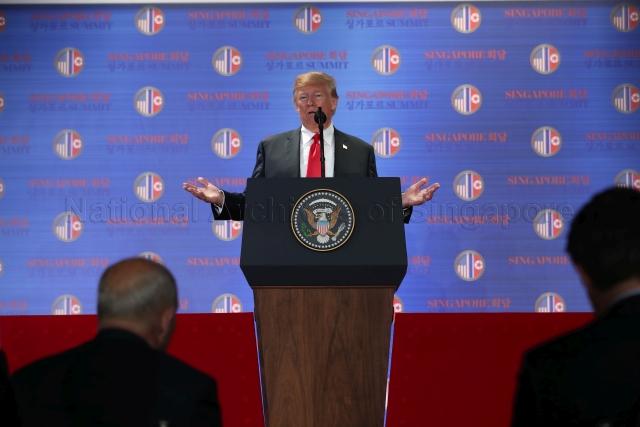 Taken at: United States President Donald Trump's press conference during the Trump-Kim Summit at Capella Hotel at Sentosa. Pictured: President Trump.