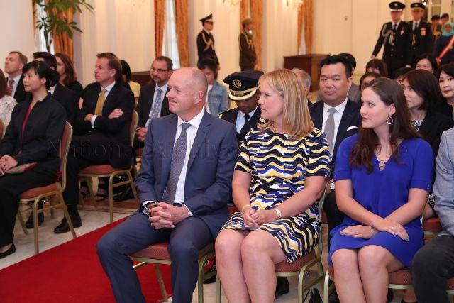 Taken at: Conferment of Honorary Citizen Award to Sir Andrew Philip Witty at the Istana  Pictured: President Halimah Yacob and former Chief Executive Officer of GlaxoSmithKline (GSK) Sir Andrew Witty and his wife Lady Caroline Witty