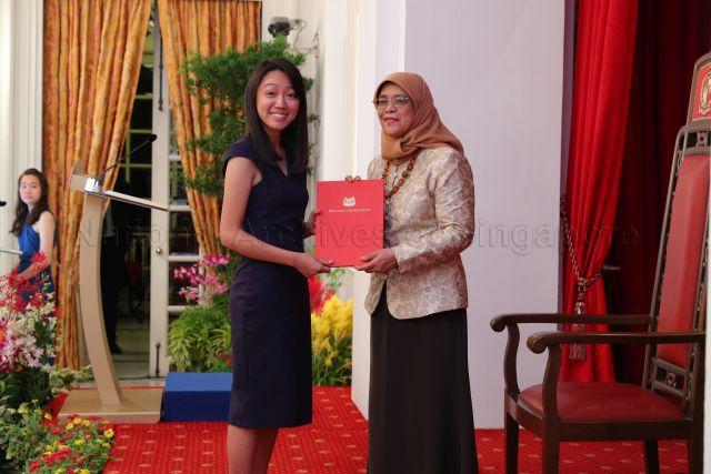 Taken at: President's Scholarship Award ceremony and dinner at the Istana &nbsp;Pictured: President Halimah Yacob and President's Scholarship recipient Tan Xin Hwee