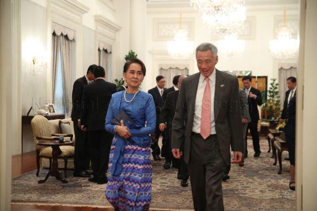 Taken at: Working Visit of Myanmar's State Counsellor Daw Aung San Suu Kyi calling on Prime Minister Lee Hsien Loong at the Istana &nbsp;Pictured: Prime Minister Lee Hsien Loong, Minister for Education Ong Ye Kung and Myanmar's State Counsellor Daw Aung San Suu Kyi