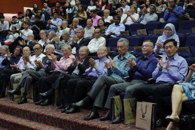 Taken at: Launch of a book co-edited by Dr S. Vasoo and Dr Bilveer Singh titled "Critical Issues in Asset Building in Singapore's Development" at the National University of Singapore (NUS) Shaw Foundation Alumni House Pictured: Guest-of Honour Prime Minister Lee Hsien Loong, Minister of Education Ong Ye Kung, former Cabinet Ministers Lee Yock Suan, Sidek Saniff, Dr Ahmad Mattar, Chng Jit Koon and Ong Pang Boon and Non Resident Ambassador to the Republic of Kenya Yatiman bin Yusof