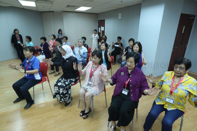 Taken at: Visit to the Society for Women's Initiative for Ageing Successfully (WINGS) at Junction 8 Office Tower in Bishan Place &nbsp;Pictured: Guest-of-Honour President Halimah Yacob, Founding President of WINGS Dr Kanwaljit Soin, Board Director of St Luke’s ElderCare Wee Wan Joo and President of WINGS Janice Goh
