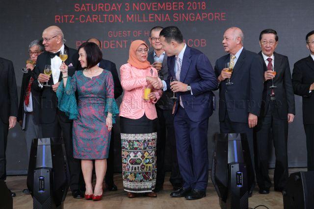 Taken at: National Cancer Centre Singapore's (NCCS) Charity Dinner 2018 at the Ritz Carlton Millenia &nbsp;Pictured: Guest-of-Honour President Halimah Yacob and Medical Director and Senior Consultant of NCCS Prof William Hwang Ying Khee