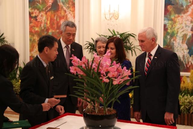 Taken at: Orchid Naming Ceremony in honour of US Vice-President Mike Pence and his wife Mrs Karen Pence at Istana. Pictured: Singapore Prime Minister Lee Hsien Loong, his wife Madam Ho Ching, US Vice-President Mike Pence, his wife Mrs Karen Pence and National Parks Board Chief Executive Officer (CEO) Kenneth Er (second from left).