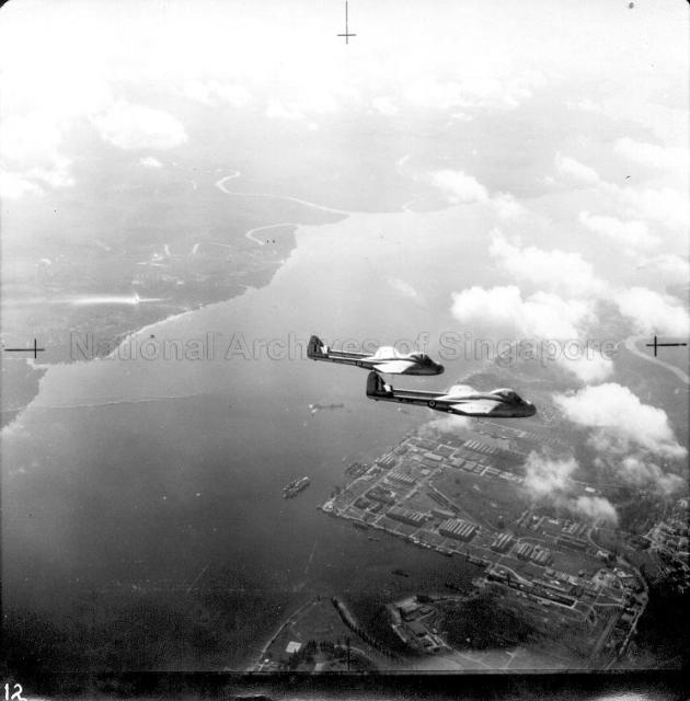 Vampire aircrafts from the Far East Training Squadron (FETS) flying over Sembawang Naval Base