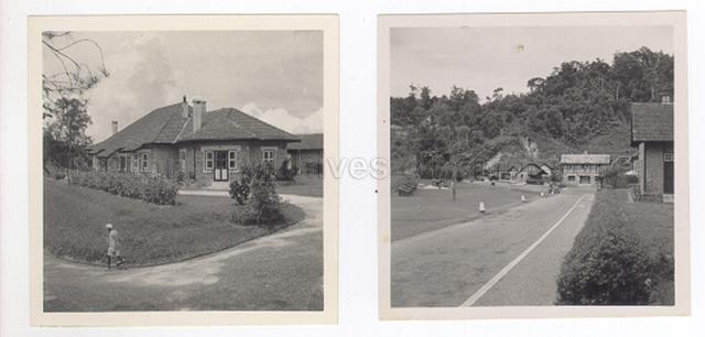 Admiralty Bungalow at Fraser's Hill, Pahang, Malaysia (left) and a photo showing a Post Office, with a village tavern on the right and a golf course on the left (right) at Fraser's Hill, Pahang