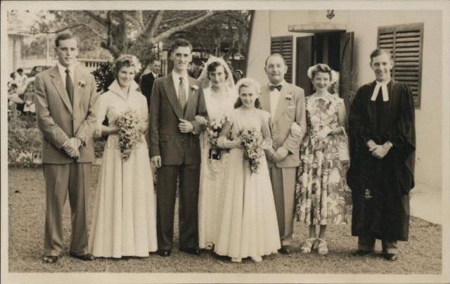 The wedding of Sergeant Gus Appleyard and Pam Sanderson. <br />From left : Paddy Storey (Best Man), Eileen, Gus Appleyard, Pam Anderson, Tessa, Mr & Mrs Richards (SWO) and Padre Darbyshire.
