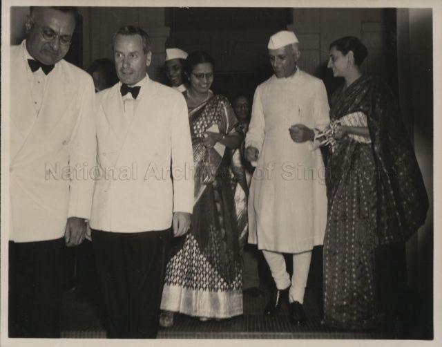 Mr R. Jumabhoy, Commissioner-General Mr Malcolm MacDonald, Mr and Mrs J.A. Thivy, Pandit Nehru, PM of India and Mrs Indira Gandhi at the state banquet given by the Singapore Legislative Council at Raffles Hotel