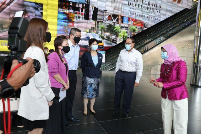 Taken at: Infocomm Media Development Authority (IMDA)'s Partners' Appreciation event held at Suntec City Pictured: Guest-of-Honour President Halimah Yacob, Minister for Communications and Information S Iswaran, Chief Executive of IMDA Lew Chuen Hong and Permanent Secretary to Ministry of Communications and Information Yong Ying-I